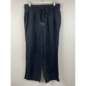 Quince Pants Womens Size Large Black Wide Leg Pull On Flat Front 100% Linen